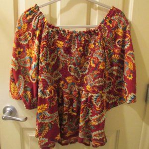 STATUS HIPPY PAISLEY TOP! ELASIC BUST AND BACK, BELL SLEEVES! RUST & MULTI COLOR